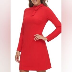 Calvin Klein Lipstick Red  Long-Sleeved Tie-Neck Scuba Crepe Dress